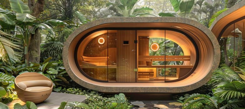 A charming oval house peacefully stands amidst a lush green forest, blending beautifully with its natural surroundings