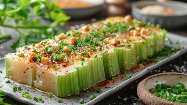 A close up of a plate of food with celery and onions on a table, showcasing natural ingredients of a dish