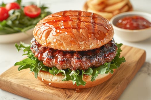 A juicy hamburger is placed on a wooden cutting board, giving a glimpse of a tantalizing meal being prepared