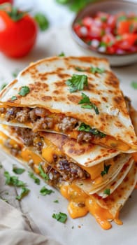 Close up photo of quesadillas on a table with tomatoes, plate, and other ingredients for a delicious dish