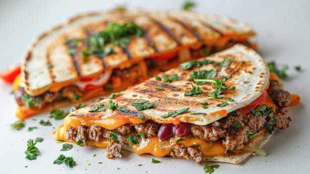 Indulge in two delicious quesadillas filled with meat and cheese, ideal for a satisfying meal or light snack