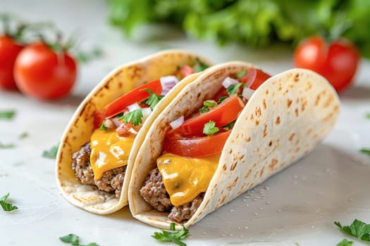 On the table are two delicious tacos filled with meat, cheese, tomatoes, and onions, making them a tasty meal option