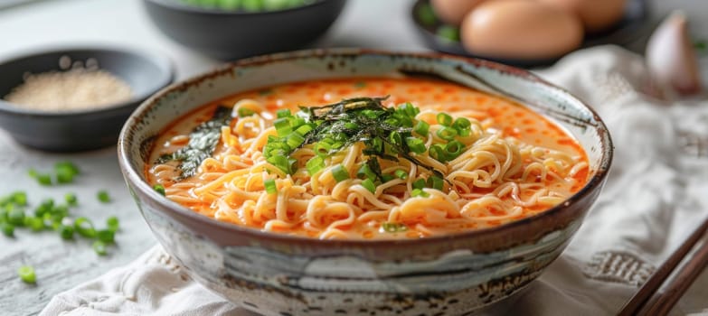 Delicious ramen soup with chopsticks on table. Keywords Food, Recipe, Cuisine, Staple food, Dish, Cheese, Produce