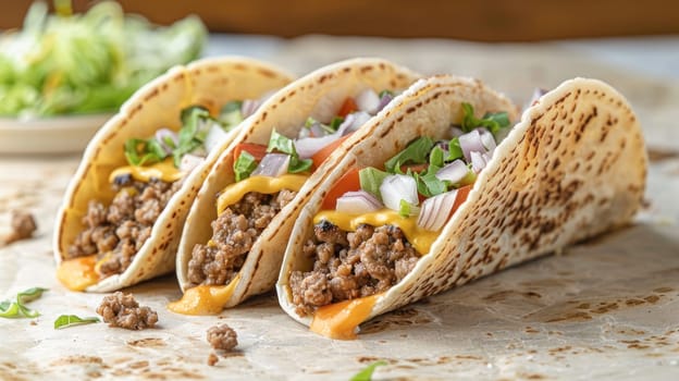 A closeup shot displays a table with four tacos showcasing a variety of ingredients for a mouthwatering meal