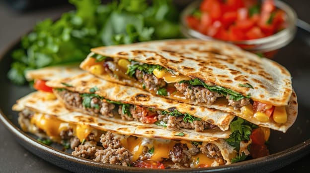 A plate displays neatly arranged stacked quesadillas, showcasing a delicious combination of ingredients and flavors