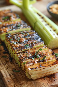 A piece of grilled celery is elegantly displayed on a wooden cutting board, highlighting its gastronomic appeal