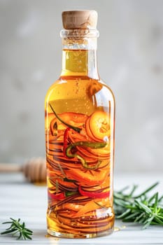 On the table is a glass bottle with amber oil and vegetables, creating a unique and interesting mix