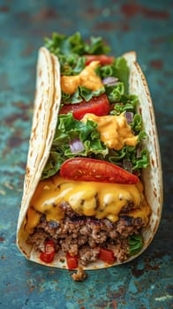 A tasty taco on the table with meat, cheese, lettuce, tomatoes, representing food, sandwich, cuisine