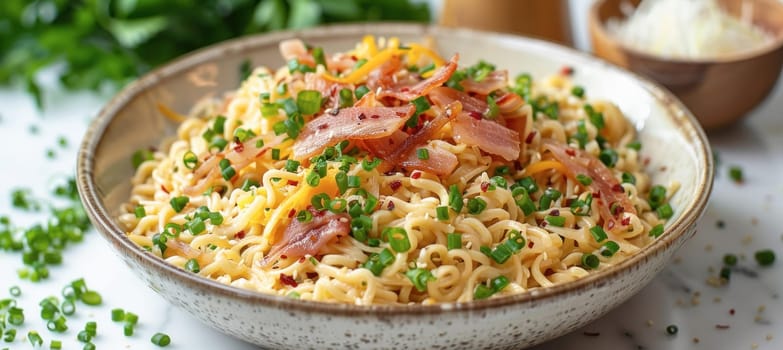 A tantalizing combination of bacon, cheese, and noodles in a bowl, ready to be enjoyed on the dining table