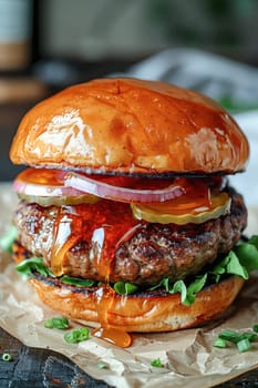 The image shows a hamburger with onions, pickles, and sauce on a table, key ingredients in fast food cuisine