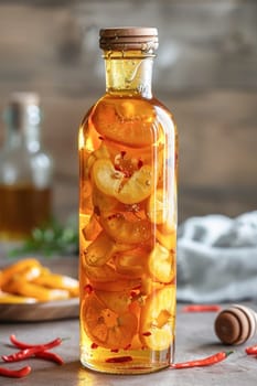 A bottle filled with sliced peppers and oil is on the table along with a bottle stopper, glass bottle, and drinkware