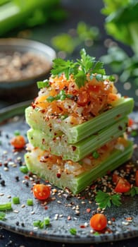 A stack of celery sticks with carrots and rice on a plate, perfect for a delicious and nutritious meal