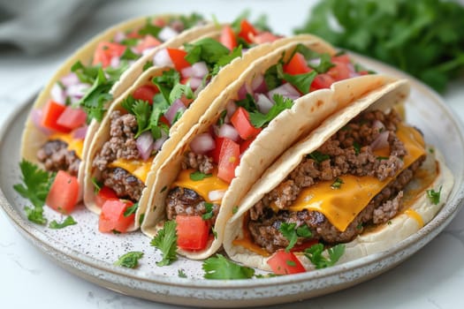 The table is adorned with a selection of mouthwatering tacos garnished with meat, cheese, tomatoes, and cilantro