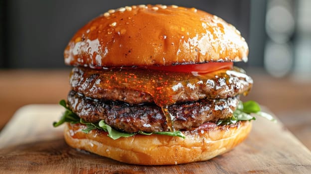 A close up shot showing a hamburger on a wooden cutting board surrounded by various foodrelated keywords