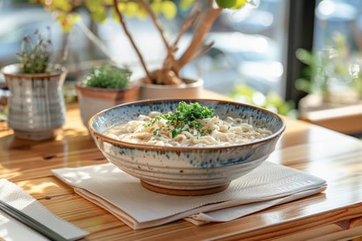 A wooden table holds a bowl of noodles, not a plant or flowerpot. Ingredients for a recipe are visible in the image