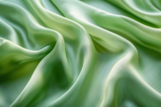 The image depicts a closeup view of green satin fabric with intricate wavy designs, resembling patterns in nature