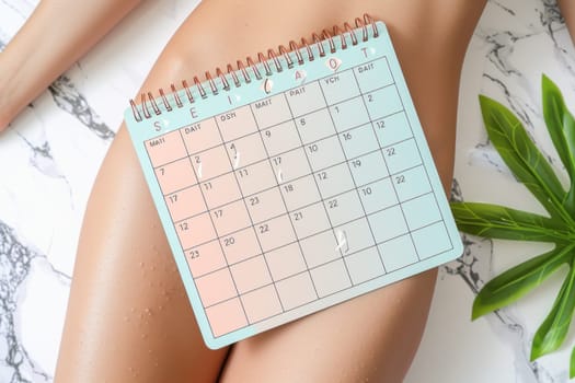 A woman is lying on the floor with a calendar on her leg. Keywords Finger, Rectangle, Thumb, Font, Nail, and Plant