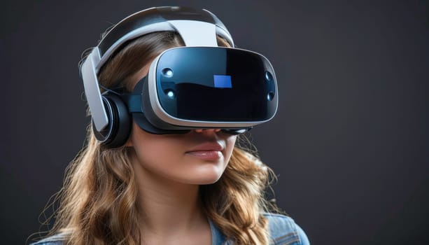 The woman is equipped with a virtual reality headset and headphones, immersing herself in a digital experience