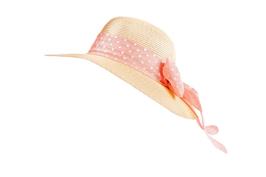 Panama hat, womens summer yellow straw hat with pink ribbon isolated on white background.