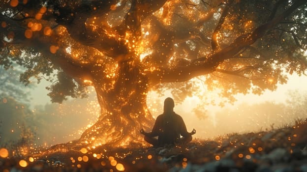 A man is peacefully sitting under a tree, feeling deeply connected to the beauty of the natural environment around him