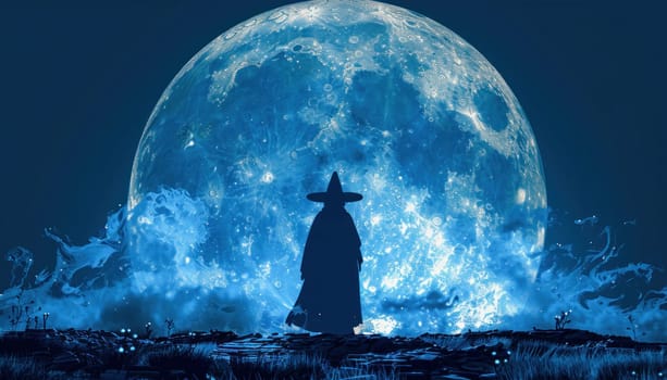 The magical outline of a witch is seen in the backdrop, bathed in the glow of the shining full moon