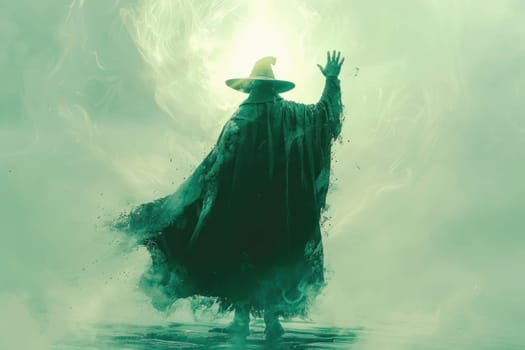 A mysterious person in a cloak and wizard hat stands in water near grass, conjuring a magical image