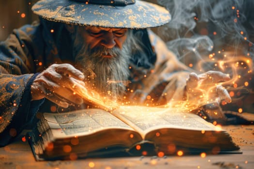 A wizard with a beard is seated at a table, engrossed in reading a book under the light of automotive lighting