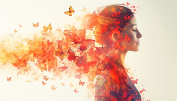 A woman in double exposure with butterflies emerging from her hair, reflecting artistic and natureinspired theme