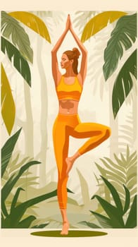 A woman displays a yoga pose in a lush jungle, surrounded by vibrant greenery, showcasing grace and tranquility