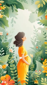 A pregnant woman wearing a yellow dress is standing in a vibrant flower garden, creating a beautiful and colorful scene