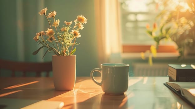 A minimalist home office with a simple desk and a cup of coffee with delicate bokeh lights in the background.