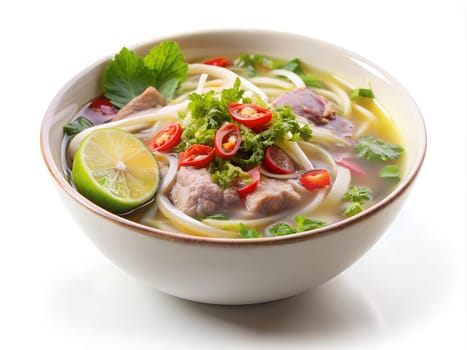 Vietnamese Noodle Soup with beef and red hot chilli pepper. Pho bo soup. Ai generated image