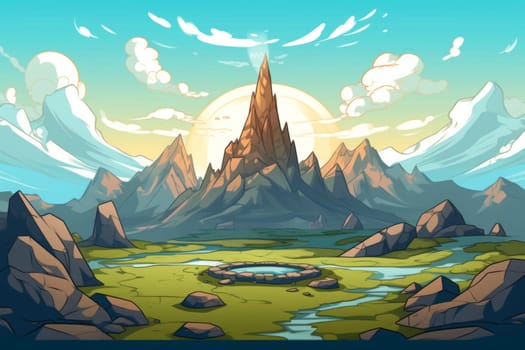 Mountains and river, grass and sky. Cartoon style. Generated AI.