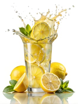 Glass of lemonade with slices of lemon and mint on white background. Lemonade splash. Ai generated image