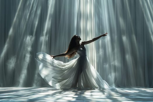 A woman in a white dress dances joyfully with water, azure, flash photography, entertainment, dance, performing arts, happy, boat, wind wave, and wind keywords