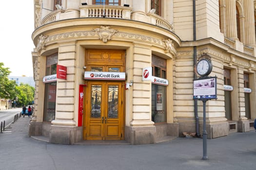 Bucharest, Romania. May 25, 2024. external view of the  Unicredit bank branch office in the city center