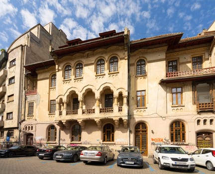 Bucharest, Romania. May 25, 2024. old decorated houses in the historic center of the city