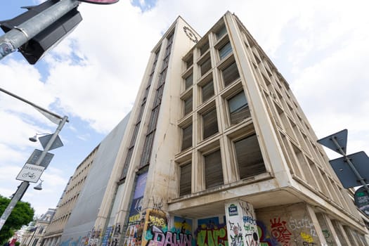 Bucharest, Romania. May 25, 2024. an old abandoned building from the socialist era in the center of the city