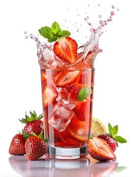 Iced strawberry lemonade with fresh mint and lemon in a glass on a white background. Lemonade splash. Ai generated image