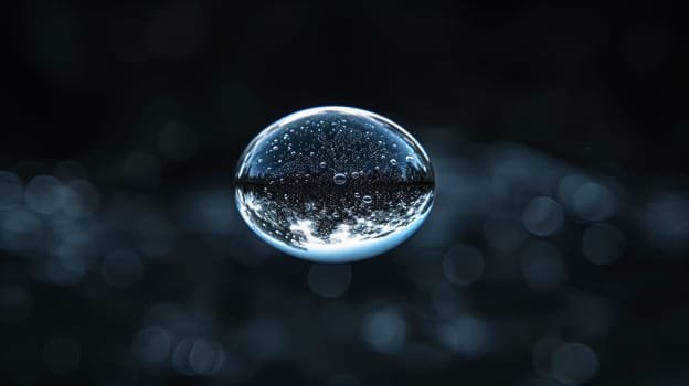 A close up of a clear bubble with many small bubbles surrounding it. The bubbles are all different sizes and are scattered around the main bubble. The image has a calm and serene mood