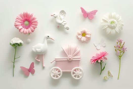 A baby carriage is surrounded by flowers and butterflies. The flowers are pink and white, and the butterflies are also pink. The scene is whimsical and playful, with the baby carriage and the flowers