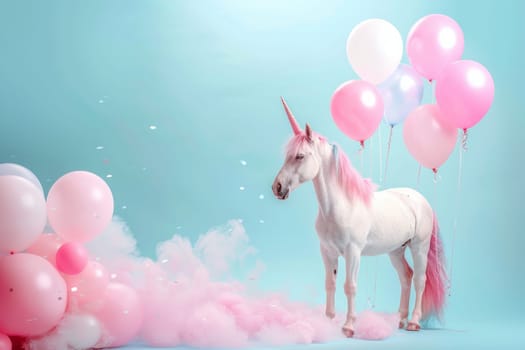 A unicorn cake with rainbow frosting sits on a white plate on a table. The cake is surrounded by colorful balloons and streamers, creating a festive and playful atmosphere