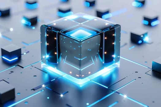 A cube with a blue light shining on it. The cube is surrounded by other cubes, creating a futuristic and technological atmosphere