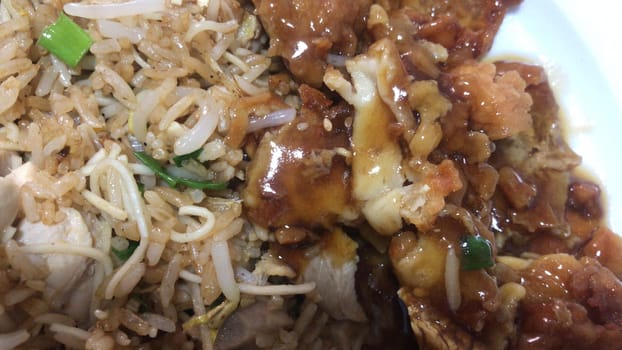 Delicious plate of fried rice paired with succulent teriyaki chicken, garnished with green onions