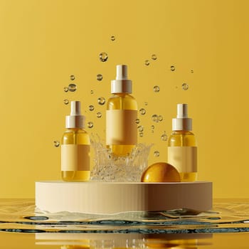 Three bottles of perfume are floating in a pool of water. The bottles are placed on a pedestal, and the water is splashing around them. The scene gives off a sense of luxury and relaxation