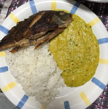 Plate of crispy fried fish served with white rice and creamy sauce on a checkered tablecloth