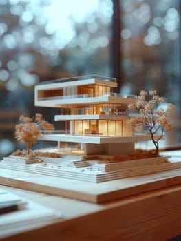 A model of a house with a tree in front of it. The house is tall and has a lot of windows