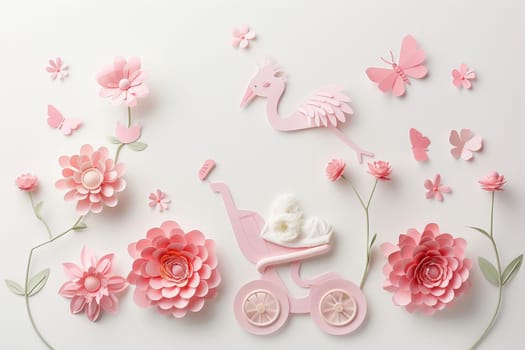 A baby carriage is surrounded by flowers and butterflies. The flowers are pink and white, and the butterflies are also pink. The scene is whimsical and playful, with the baby carriage and the flowers