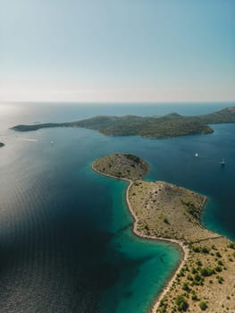 Drone aerial view of Kornati archipelago, small empty islands of Dalmatia region in Croatia