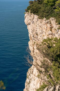 Green trees covered cliffs and high rocks of Dugi Otok island, National Park Telascica, Croatia